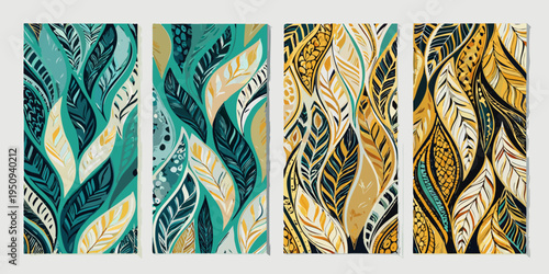 Four vertically arranged panels displaying vibrant abstract feather patterns