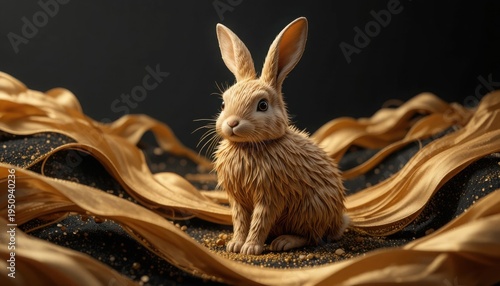 A charming, fluffy brown rabbit sits adorably on a textured dark surface intertwined with flowing golden ribbon-like structures, against a simple dark background.