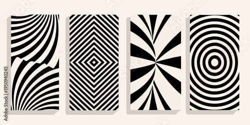 Four optical illusion panels with varying black and white stripe patterns