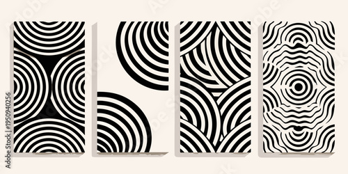 Four black and white panels featuring optical illusion stripe patterns