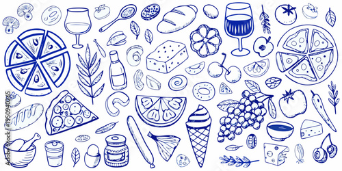 Hand drawn illustration of various foods including pizza cheese and fruit