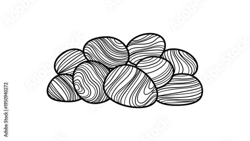 Minimalist black and white line drawing of a stacked pile of smooth stones with wood grain textures, symbolizing balance and natural harmony.