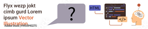Education, problem solving, coding, web development, critical thinking, brainstorming. Speech bubble with question mark, coding panel brain symbol. Coding and brainstorming concepts