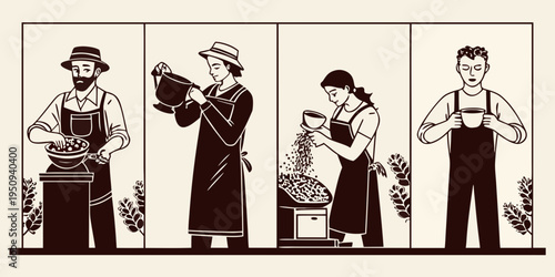 Four individuals engaged in coffee processing shown in a graphic style