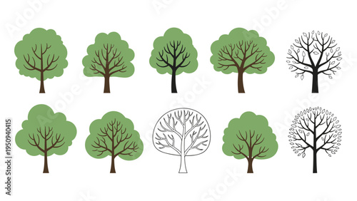 Grid of ten identical deciduous trees presented in various styles including green illustrations, black and white sketches, and leaf outlines.