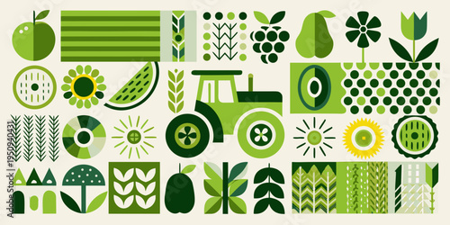 A vibrant stylized pattern of various green fruits flowers and farm elements