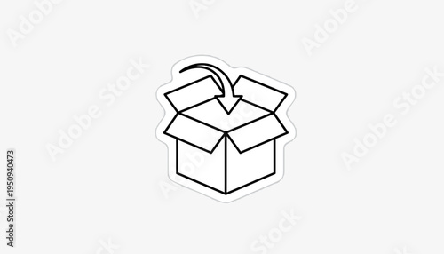 Open Cardboard Box Icon with Arrow, Simple Line Art, Delivery and Shipping Concept