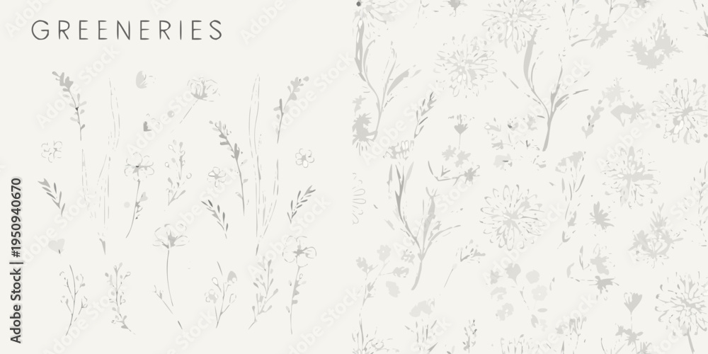 Obraz premium Delicate botanical illustration featuring sketched wildflowers and greenery