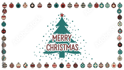Festive Christmas card featuring a stylized green tree and the text Merry Christmas, framed by a border of various colorful holiday baubles.