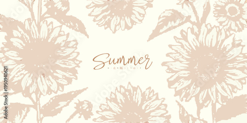 Delicate floral arrangement of sketched sunflowers with the word summer