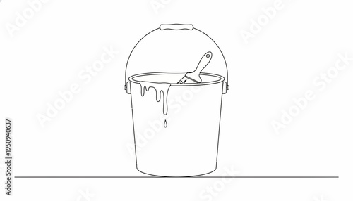 Paint bucket with brush and dripping paint, line art illustration