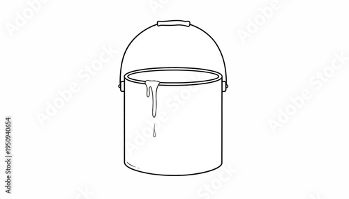 Paint Bucket with Dripping White Paint, Isolated on White Background, Line Art Illustration