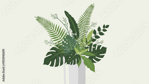 Lush bouquet of various green tropical leaves including monstera and ferns in a white vase, set against a neutral cream colored background.