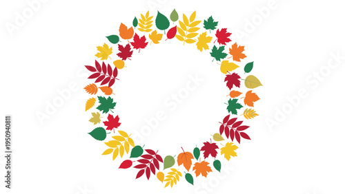 Vibrant autumn wreath features a circular arrangement of colorful maple, oak, and birch leaves in red, orange, yellow, and green.
