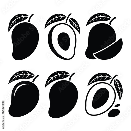 Black and white illustrations of whole halved and sliced mangoes