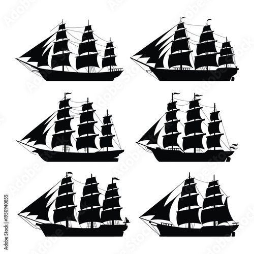 Silhouette collection of various historical sailing ships with detailed masts