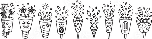 Vibrant and festive ice cream cones with various toppings and decorations. Vector