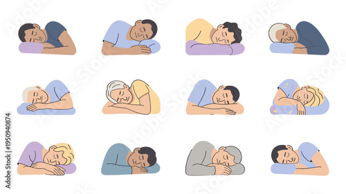Diverse group of people in various poses while sleeping.