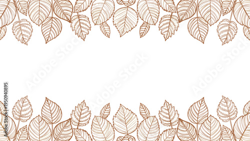Elegant horizontal border consists of sketched deciduous leaves in a warm brown ink style, framing a clean white central space.
