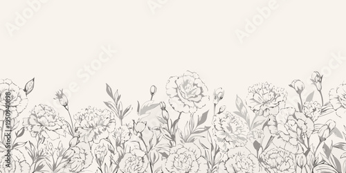 Delicate floral sketch pattern featuring roses and various blossoming flowers