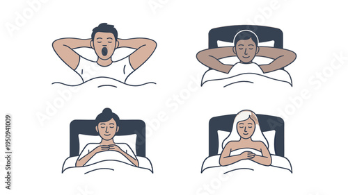 Four people resting and sleeping in bed with peaceful postures.