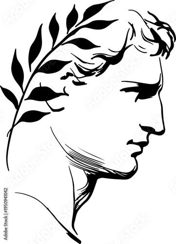Ancient Greek Roman Emperor Profile with Laurel Wreath Line Art