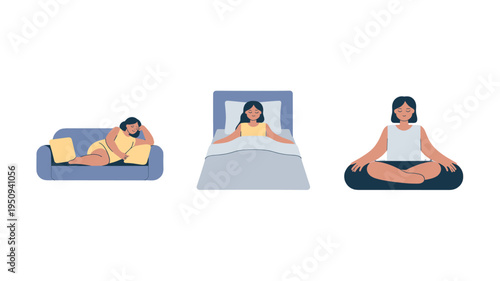 Three illustration scenes representing relaxation and well-being.