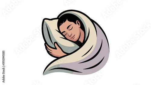 A serene illustration of a man sleeping comfortably with a pillow and blanket.