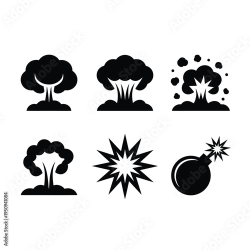 Black and white illustration of various explosions and bomb icons