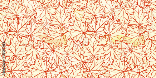 Seamless pattern of delicately drawn orange and yellow maple leaves