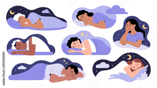 Collection of people sleeping in various poses, highlighting the importance of rest and relaxation.