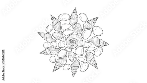 Intricate mandala arrangement features a variety of seashells and smooth pebbles in a detailed black and white pen sketch.
