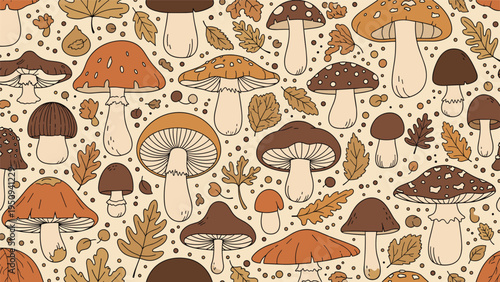 Detailed seamless pattern features a variety of edible and forest mushrooms mixed with colorful autumn oak and maple leaves.