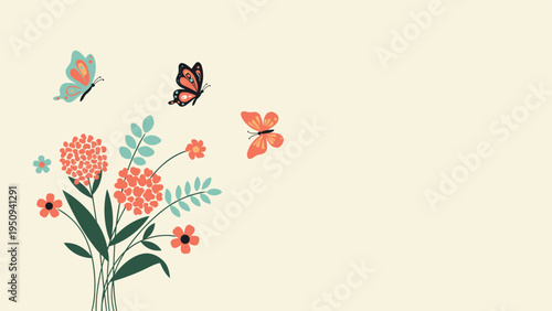 Minimalist botanical illustration shows a bouquet of pink hydrangea-like flowers with three colorful butterflies fluttering nearby.