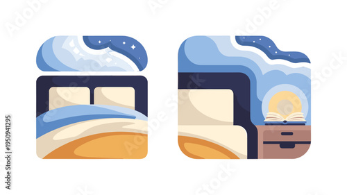 A stylized illustration of a bedroom with a bed, showing a tranquil and dreamy atmosphere.