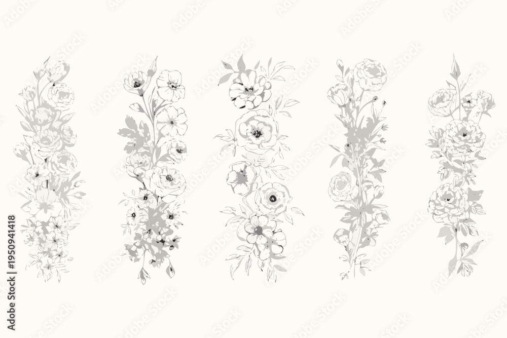Obraz premium Delicate floral arrangements in grayscale forming vertical botanical patterns