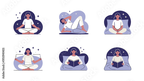 Relaxation and calmness, different sleep or rest positions.