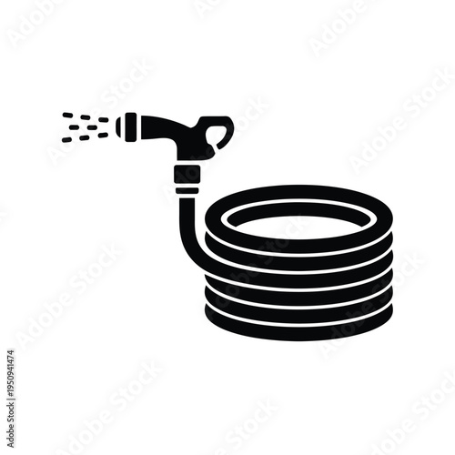 Black silhouette of a coiled garden hose with a spray nozzle