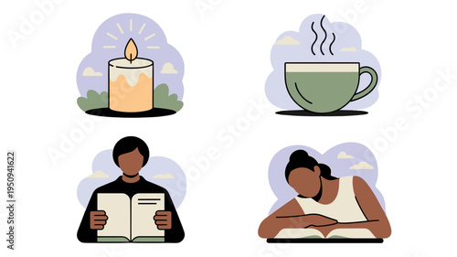 Cozy moments: Candle, Book, Cup of Tea. 