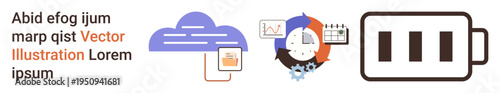 Cloud technology, workflow management, storage solutions, productivity tools, energy optimization, digital resources. Visual includes cloud, workflow cycle and battery icon. Cloud technology