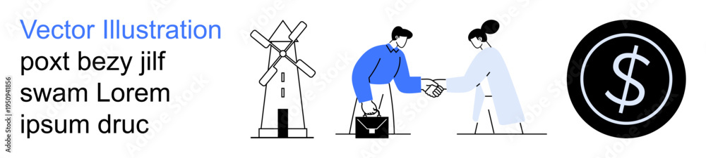 Obraz premium Business agreements, economic growth, partnership, renewable energy, currency, professional collaboration. Two people shaking hands beside a windmill and dollar icon. Business agreements and economic