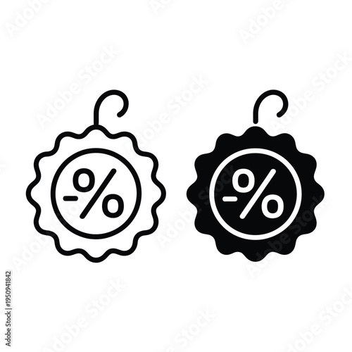 Two discount tag icons depicting a percentage symbol one outlined and one filled