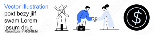Business agreements, economic growth, partnership, renewable energy, currency, professional collaboration. Two people shaking hands beside a windmill and dollar icon. Business agreements and economic