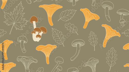 Autumn mushroom pattern featuring chanterelles and wild fungi mixed with delicate leaf outlines on a muted brown background.