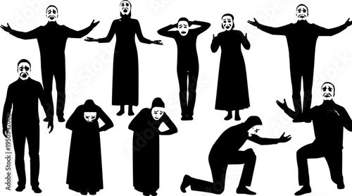 Silhouette people with theatrical masks, expressive gestures, dramatic poses, standing and bowing, emotional body language, diverse figures, communication, art performance.