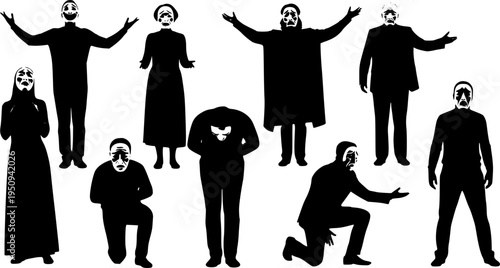 Silhouette people with theatrical masks, expressive gestures, dramatic poses, standing and bowing, emotional body language, diverse figures, communication, art performance.