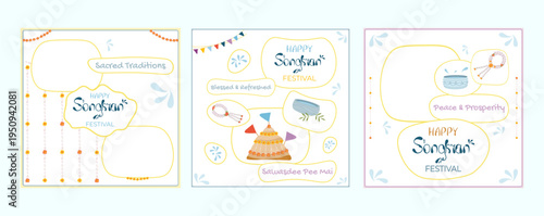 Traditional Songkran social media post templates set. Hand drawn Thai New Year symbols: sand pagoda, silver bowl, jasmine garland Phuang Malai. Cute hand drawn lettering and calligraphy