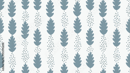 Simple seamless pattern with vertical columns of blue oak leaves and clusters of dots on a clean white background.