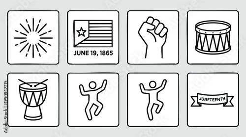Juneteenth icons set with drum flag and raised fist symbols