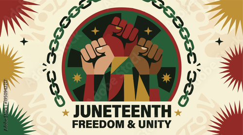 Juneteenth freedom and unity emblem with raised fists and chains